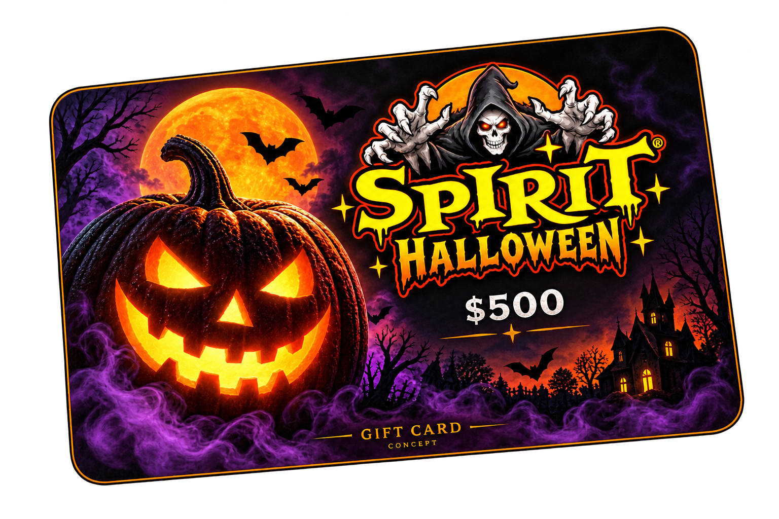 Spirit Halloween $500 promotional gift card with a glowing jack-o'-lantern